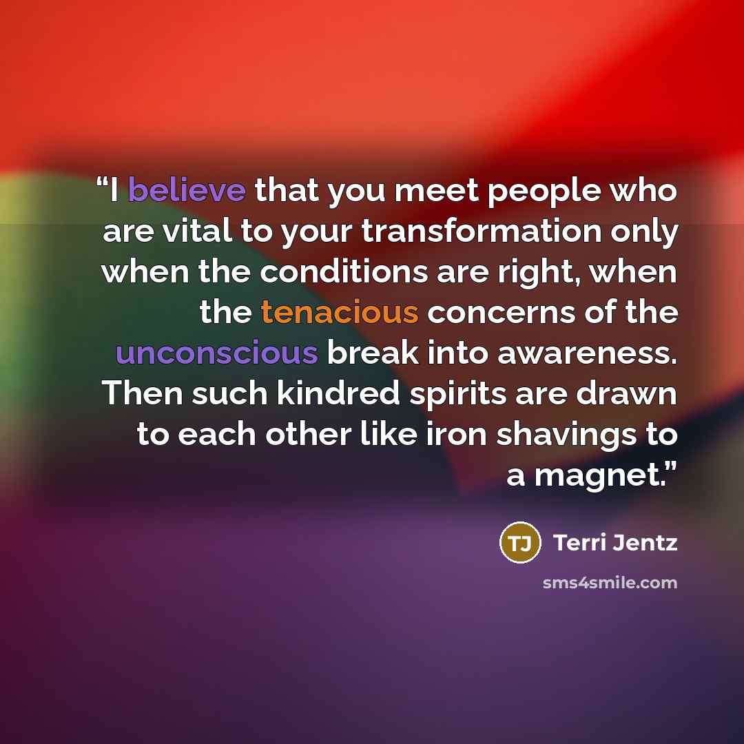 “I believe that you meet people who are vital to your transformation only when the conditions are right, when the tenacious concerns of the unconscious break into awareness. Then such kindred spirits are drawn to each other like iron shavings to a magnet.” quote by Terri Jentz