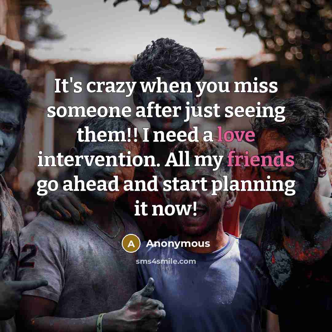 “It's crazy when you miss someone after just seeing them!! I need a love intervention. All my friends go ahead and start planning it now!” quote by Anonymous