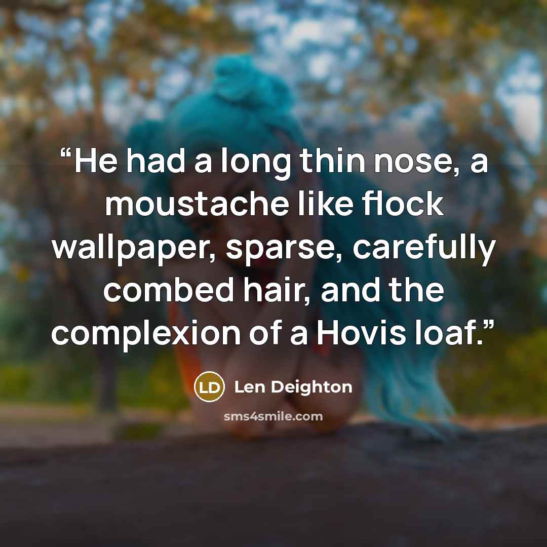 “He had a long thin nose, a moustache like flock wallpaper, sparse, carefully combed hair, and the complexion of a Hovis loaf.” quote by Len Deighton