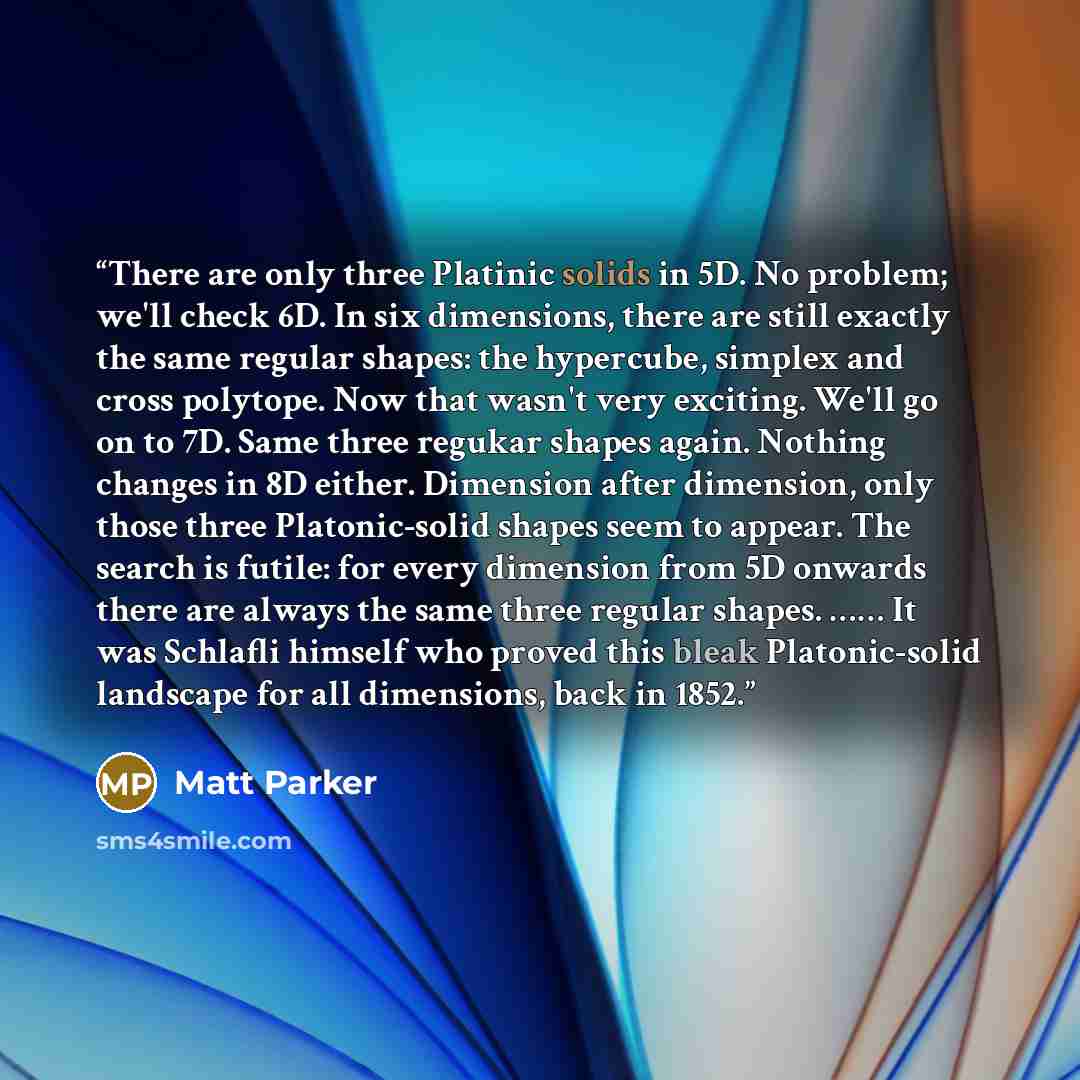 “There are only three Platinic solids in 5D. No problem; we'll check 6D. In six dimensions, there are still exactly the same regular shapes: the hypercube, simplex and cross polytope. Now that wasn't very exciting. We'll go on to 7D. Same three regukar shapes again. Nothing changes in 8D either…” quote by Matt Parker