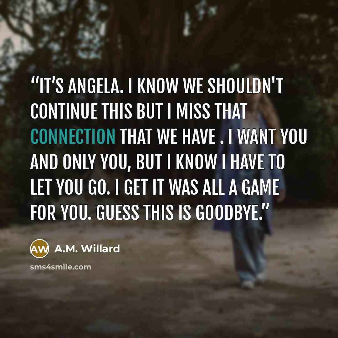 “It’s Angela. I know we shouldn't continue this but I miss that connection that we have . I want you and only you, but I know I have to let you go. I get it was all a game for you. Guess this is goodbye.” quote by A.M. Willard
