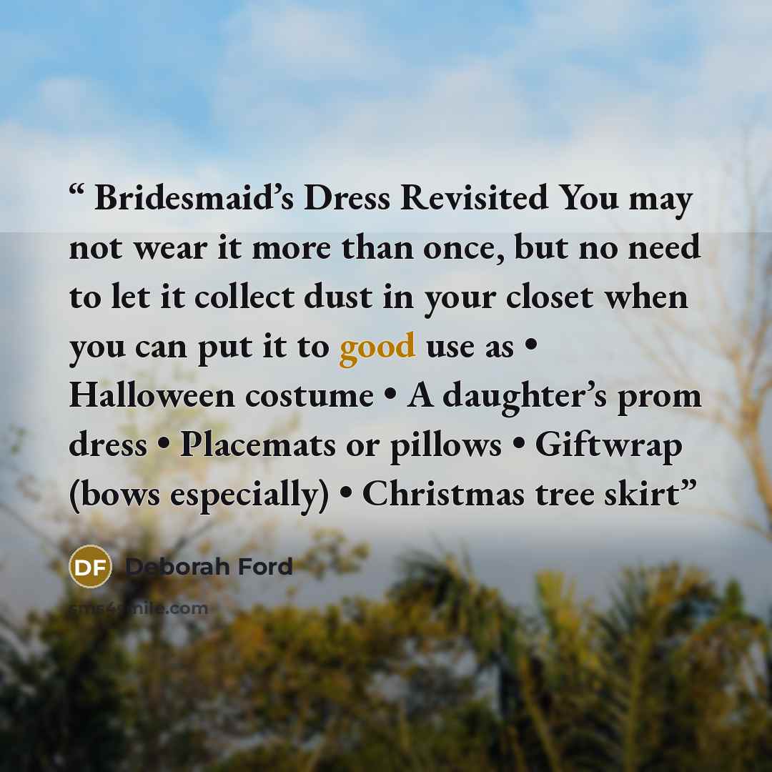 “Bridesmaid’s Dress Revisited You may not wear it more than once, but no need to let it collect dust in your closet when you can put it to good use as • Halloween costume • A daughter’s prom dress • Placemats or pillows • Giftwrap (bows especially) • Christmas tree skirt” quote by Deborah Ford