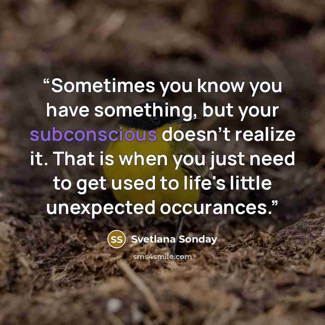 “Sometimes you know you have something, but your subconscious doesn't realize it. That is when you just need to get used to life's little unexpected occurances.” quote by Svetlana Sonday