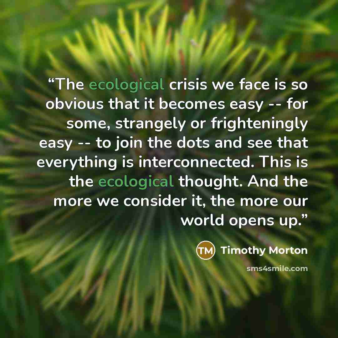 “The ecological crisis we face is so obvious that it becomes easy -- for some, strangely or frighteningly easy -- to join the dots and see that everything is interconnected. This is the ecological thought. And the more we consider it, the more our world opens up.” quote by Timothy Morton