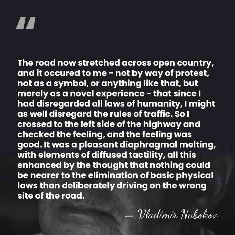 The road now stretched across open country, and it occured to me&hellip; - Vladimir Nabokov