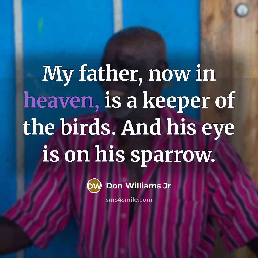 “My father, now in heaven, is a keeper of the birds. And his eye is on his sparrow.” quote by Don Williams Jr
