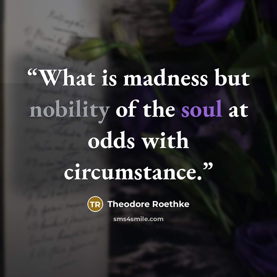 “What is madness but nobility of the soul at odds with circumstance.” quote by Theodore Roethke