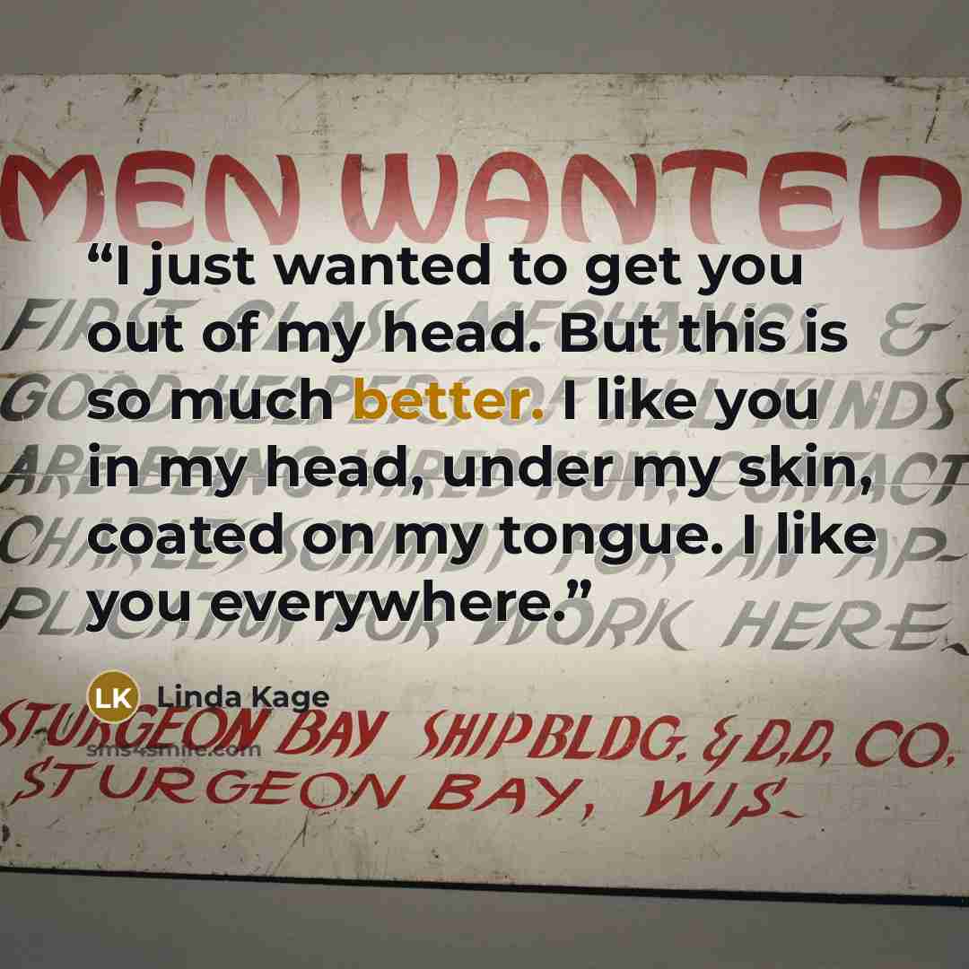 “I just wanted to get you out of my head. But this is so much better. I like you in my head, under my skin, coated on my tongue. I like you everywhere.” quote by Linda Kage