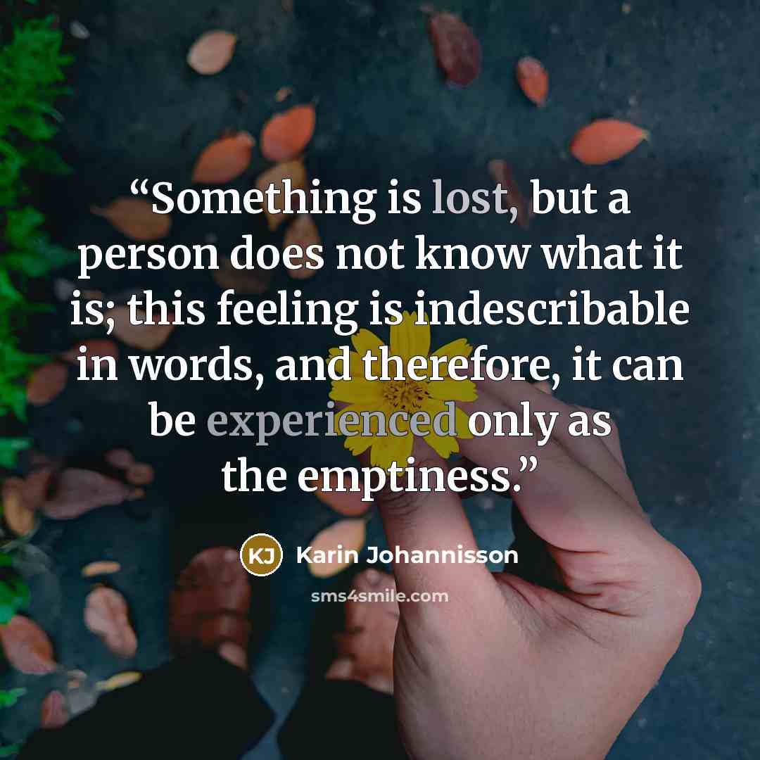 “Something is lost, but a person does not know what it is; this feeling is indescribable in words, and therefore, it can be experienced only as the emptiness.” quote by Karin Johannisson