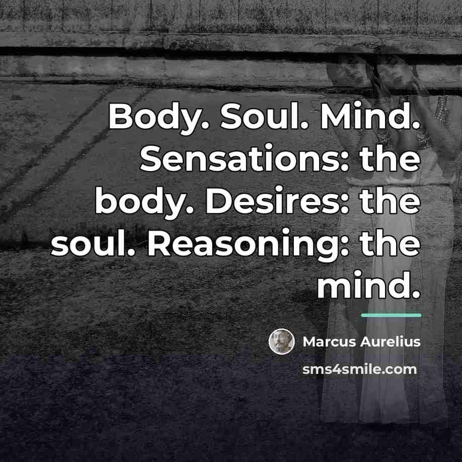 “Body. Soul. Mind. Sensations: the body. Desires: the soul. Reasoning:…” quote by Marcus Aurelius