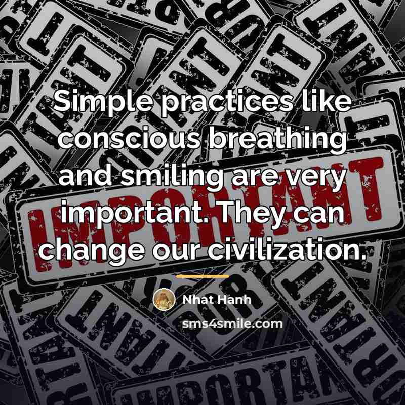 “Simple practices like conscious breathing and smiling are very important.…” quote by Nhat Hanh