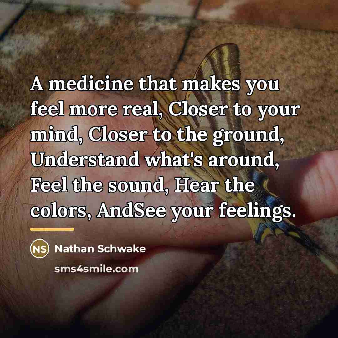 “A medicine that makes you feel more real, Closer to…” quote by Nathan Schwake