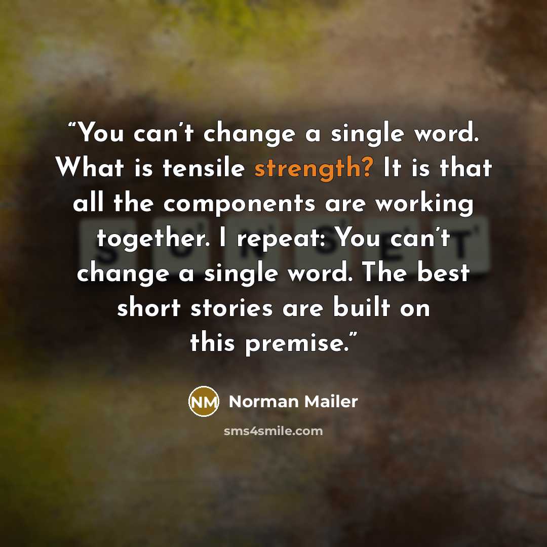 “You can’t change a single word. What is tensile strength? It is that all the components are working together. I repeat: You can’t change a single word. The best short stories are built on this premise.” quote by Norman Mailer