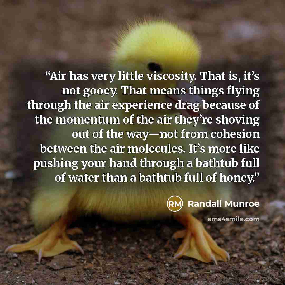 “Air has very little viscosity. That is, it’s not gooey. That means things flying through the air experience drag because of the momentum of the air they’re shoving out of the way—not from cohesion between the air molecules. It’s more like pushing your hand through a bathtub full of water than a…” quote by Randall Munroe