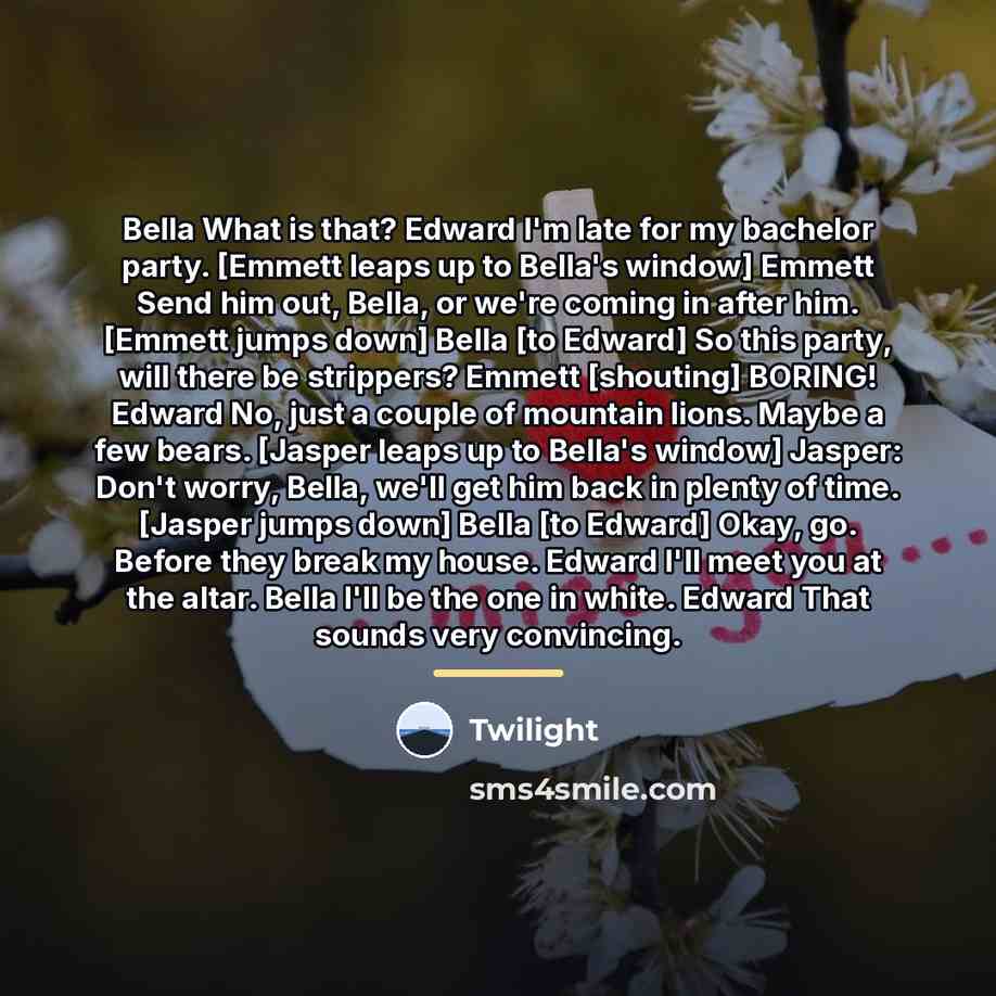 “Bella What is that? Edward I'm late for my bachelor…” quote by Twilight