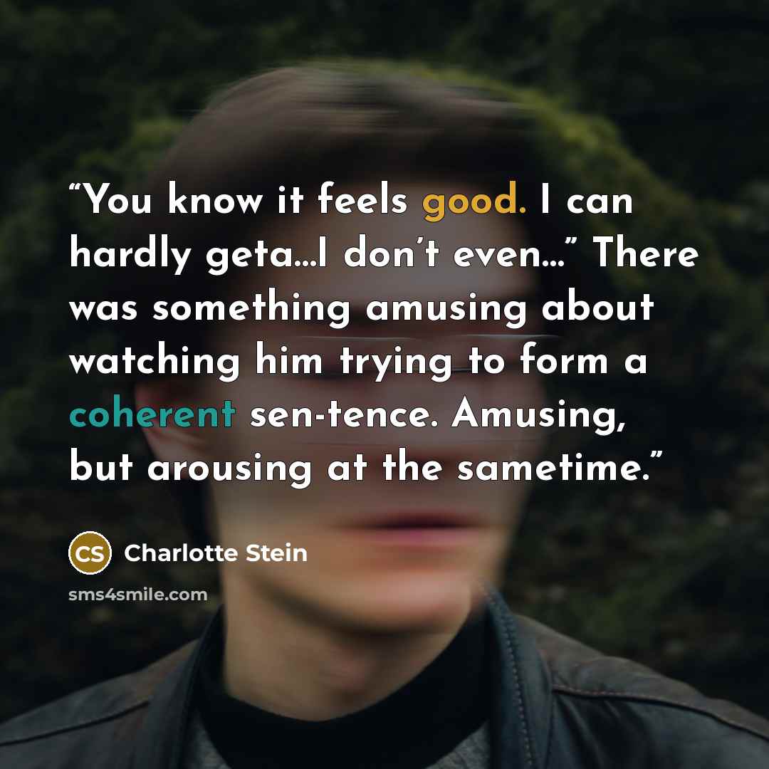 “You know it feels good. I can hardly geta…I don’t even…” There was something amusing about watching him trying to form a coherent sen-tence. Amusing, but arousing at the sametime.” quote by Charlotte Stein