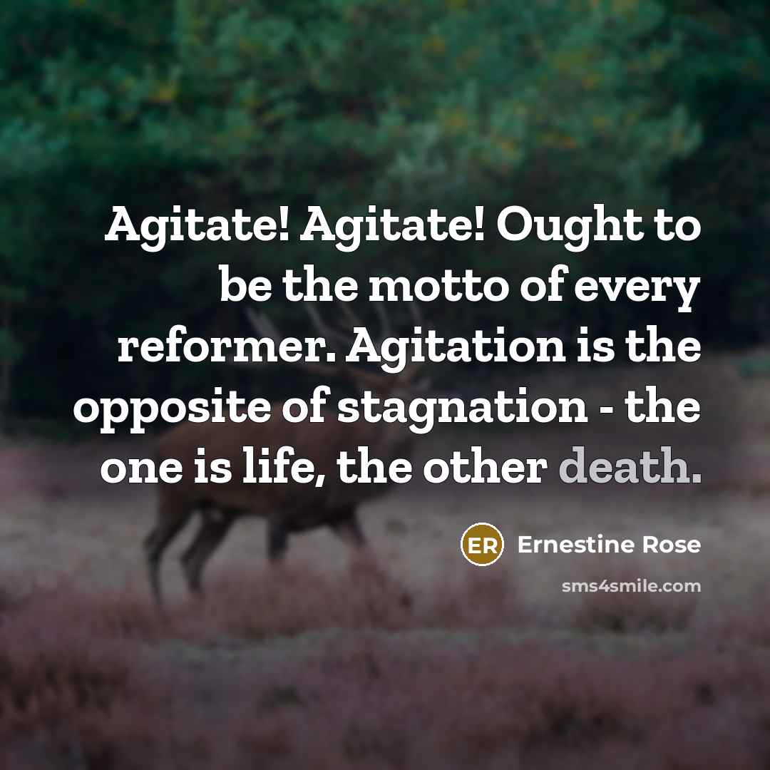 “Agitate! Agitate! Ought to be the motto of every reformer. Agitation is the opposite of stagnation - the one is life, the other death.” quote by Ernestine Rose