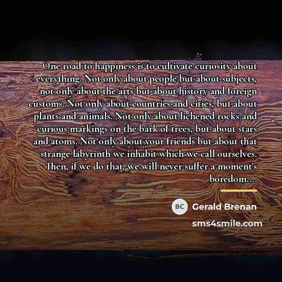 “One road to happiness is to cultivate curiosity about everything.…” quote by Gerald Brenan