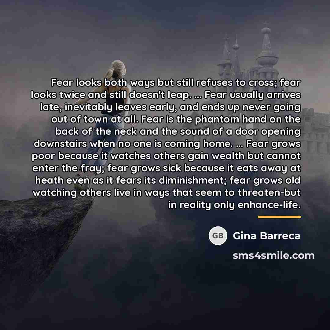 “Fear looks both ways but still refuses to cross; fear…” quote by Gina Barreca
