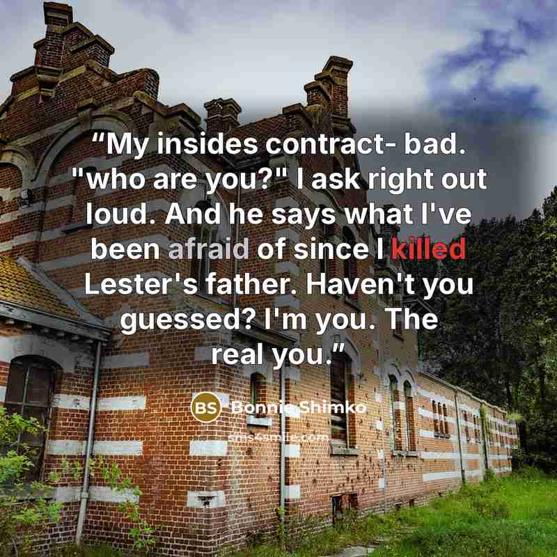 “My insides contract- bad. "who are you?" I ask right out loud. And he says what I've been afraid of since I killed Lester's father. Haven't you guessed? I'm you. The real you.” quote by Bonnie Shimko