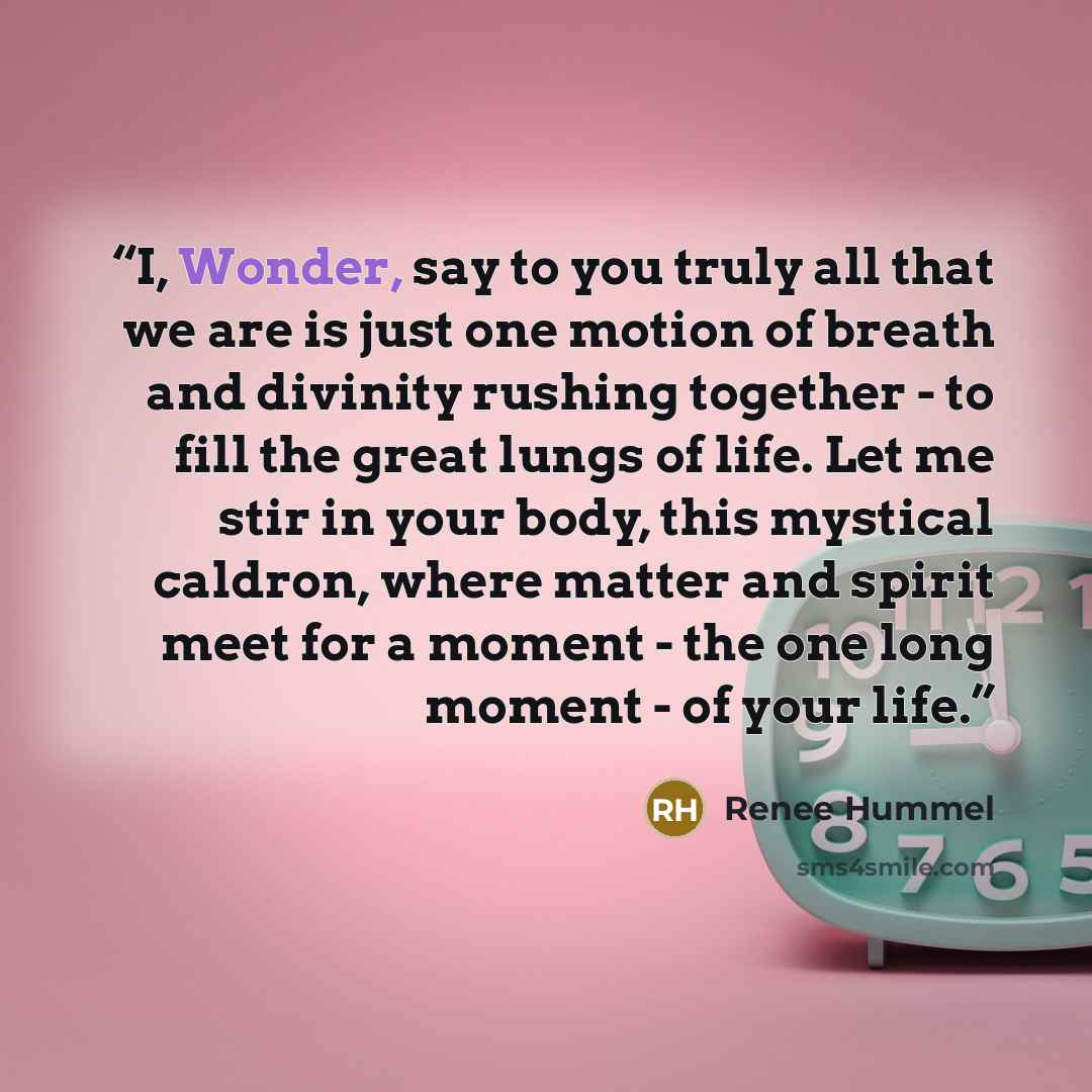 “I, Wonder, say to you truly all that we are is just one motion of breath and divinity rushing together - to fill the great lungs of life. Let me stir in your body, this mystical caldron, where matter and spirit meet for a moment - the one long moment - of your life.” quote by Renee Hummel