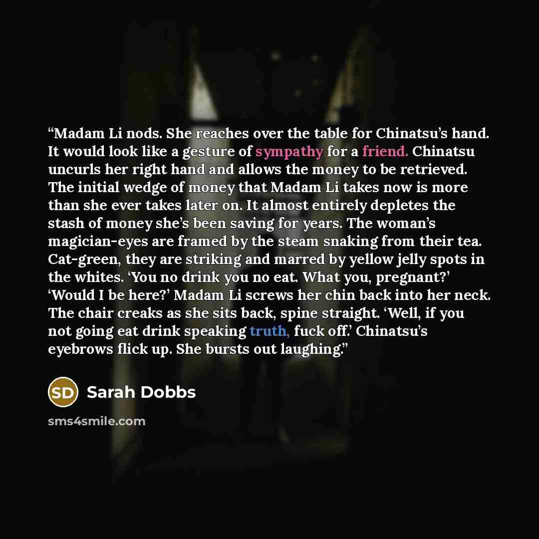 “Madam Li nods. She reaches over the table for Chinatsu’s hand. It would look like a gesture of sympathy for a friend. Chinatsu uncurls her right hand and allows the money to be retrieved. The initial wedge of money that Madam Li takes now is more than she ever takes later on. It almost entirely…” quote by Sarah Dobbs