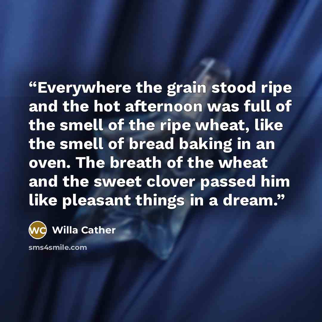 “Everywhere the grain stood ripe and the hot afternoon was full of the smell of the ripe wheat, like the smell of bread baking in an oven. The breath of the wheat and the sweet clover passed him like pleasant things in a dream.” quote by Willa Cather