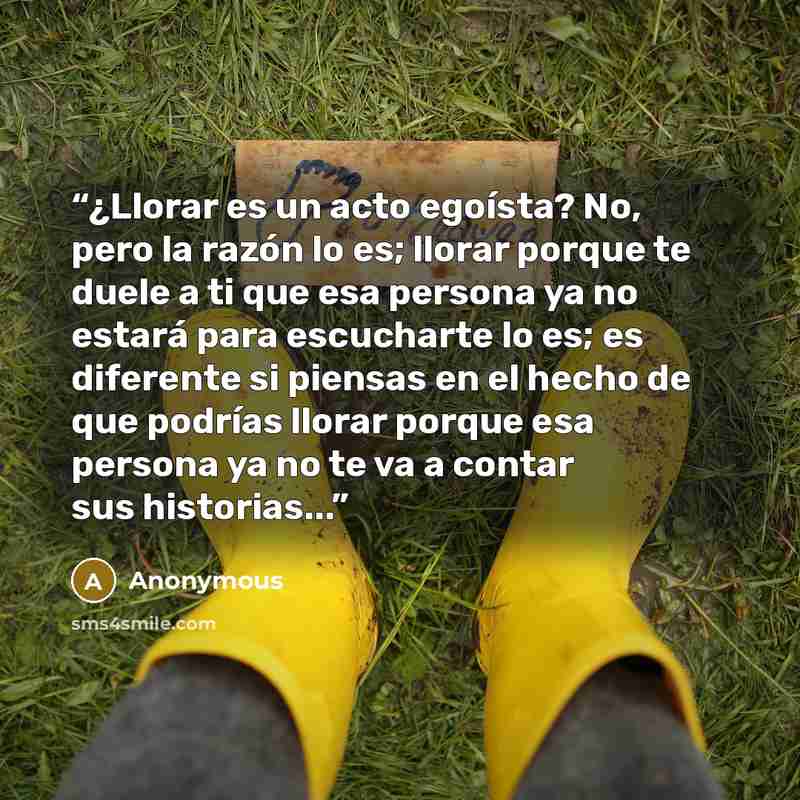 “¿Llorar es un acto egoísta? No, pero la razón lo es; llorar porque te duele a ti que esa persona ya no estará para escucharte lo es; es diferente si piensas en el hecho de que podrías llorar porque esa persona ya no te va a contar sus historias...” quote by Anonymous
