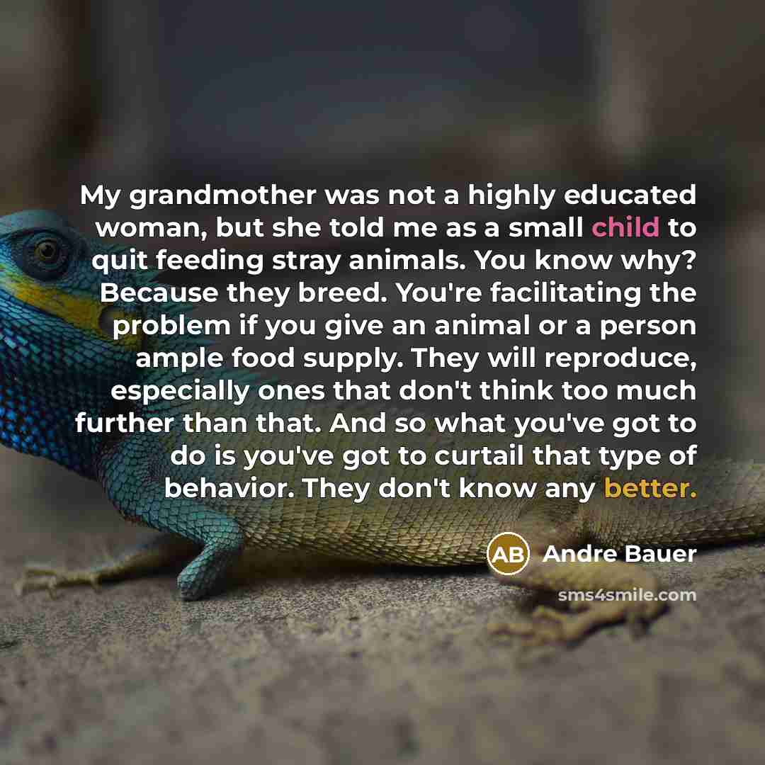 “My grandmother was not a highly educated woman, but she told me as a small child to quit feeding stray animals. You know why? Because they breed. You're facilitating the problem if you give an animal or a person ample food supply. They will reproduce, especially ones that don't think too much…” quote by Andre Bauer