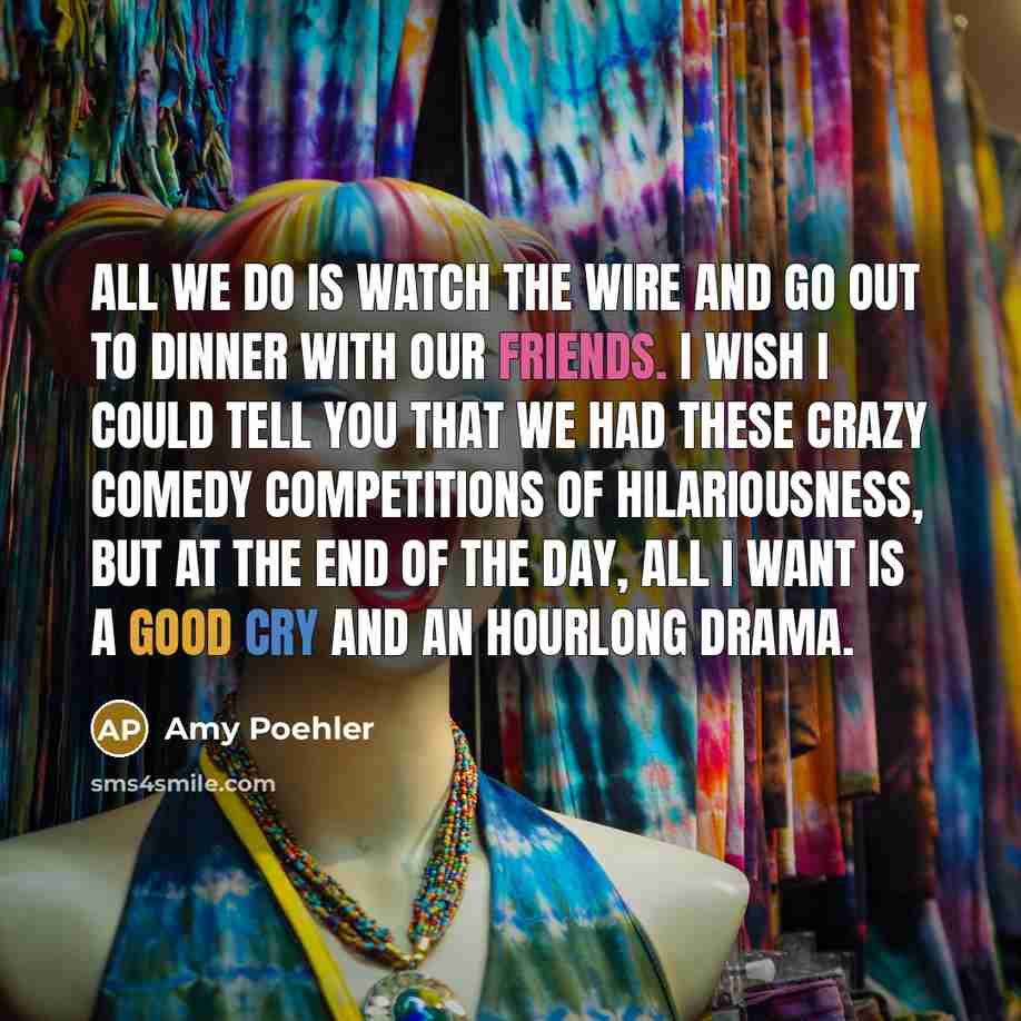 “All we do is watch The Wire and go out to dinner with our friends. I wish I could tell you that we had these crazy comedy competitions of hilariousness, but at the end of the day, all I want is a good cry and an hourlong drama.” quote by Amy Poehler