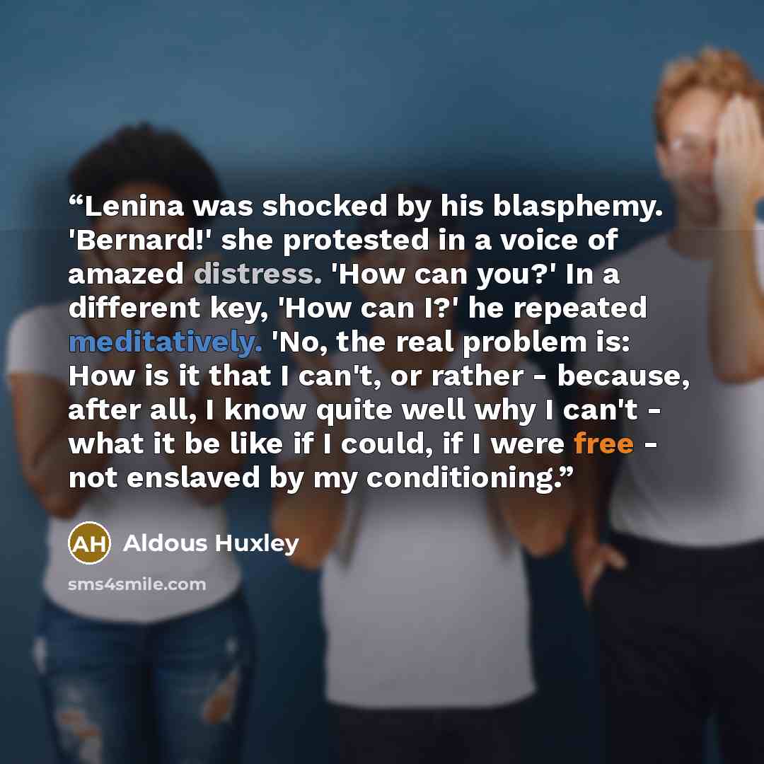 “Lenina was shocked by his blasphemy. 'Bernard!' she protested in a voice of amazed distress. 'How can you?' In a different key, 'How can I?' he repeated meditatively. 'No, the real problem is: How is it that I can't, or rather - because, after all, I know quite well why I can't - what it be like…” quote by Aldous Huxley