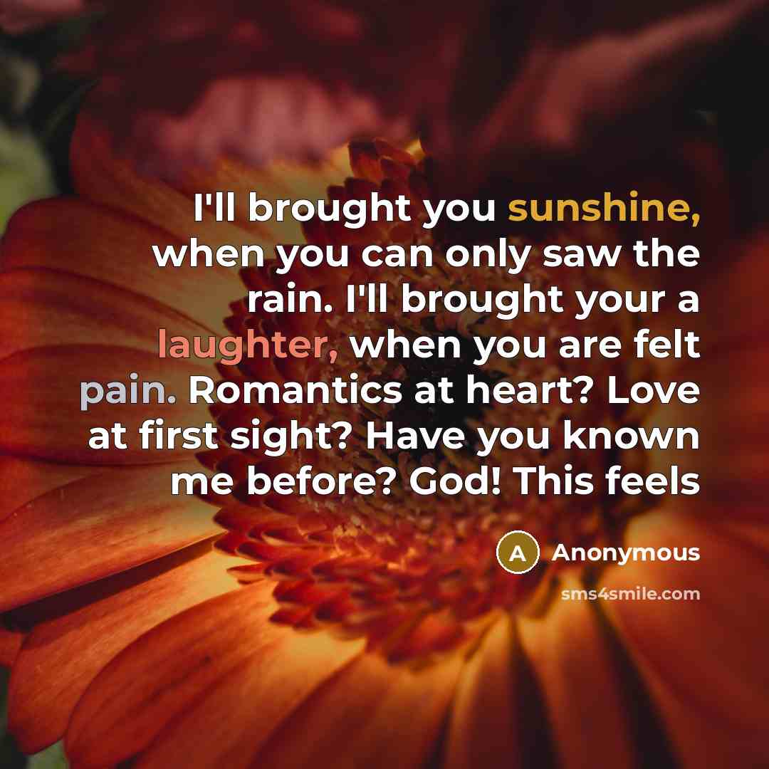 “I'll brought you sunshine, when you can only saw the rain. I'll brought your a laughter, when you are felt pain. Romantics at heart? Love at first sight? Have you known me before? God! This feels” quote by Anonymous
