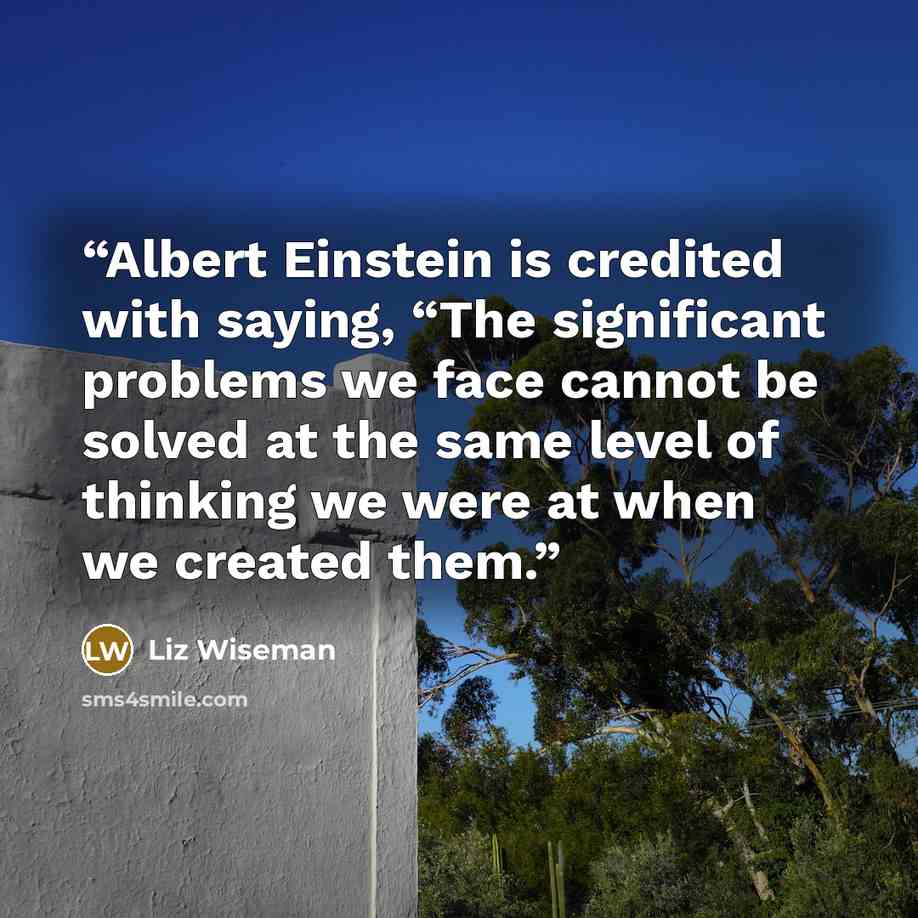 “Albert Einstein is credited with saying, “The significant problems we face cannot be solved at the same level of thinking we were at when we created them.” quote by Liz Wiseman