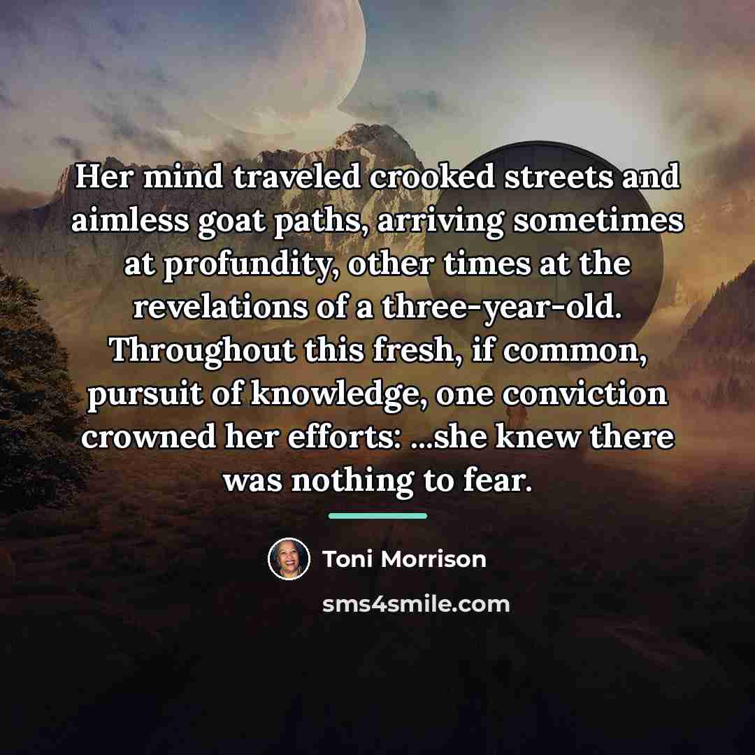 “Her mind traveled crooked streets and aimless goat paths, arriving…” quote by Toni Morrison