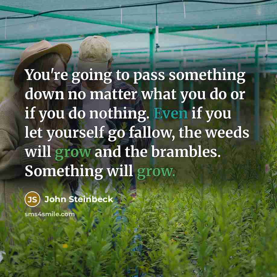 “You're going to pass something down no matter what you do or if you do nothing. Even if you let yourself go fallow, the weeds will grow and the brambles. Something will grow.” quote by John Steinbeck