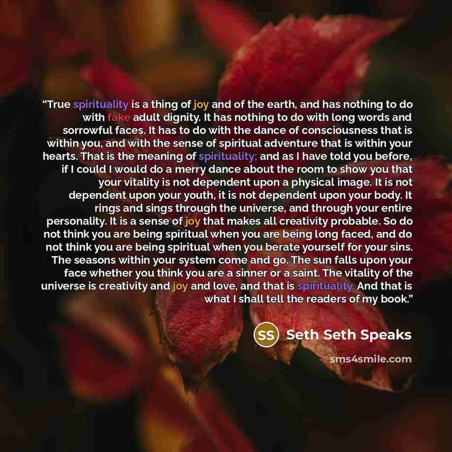 “True spirituality is a thing of joy and of the earth, and has nothing to do with fake adult dignity. It has nothing to do with long words and sorrowful faces. It has to do with the dance of consciousness that is within you, and with the sense of spiritual adventure that is within your hearts. That…” quote by Seth Seth Speaks