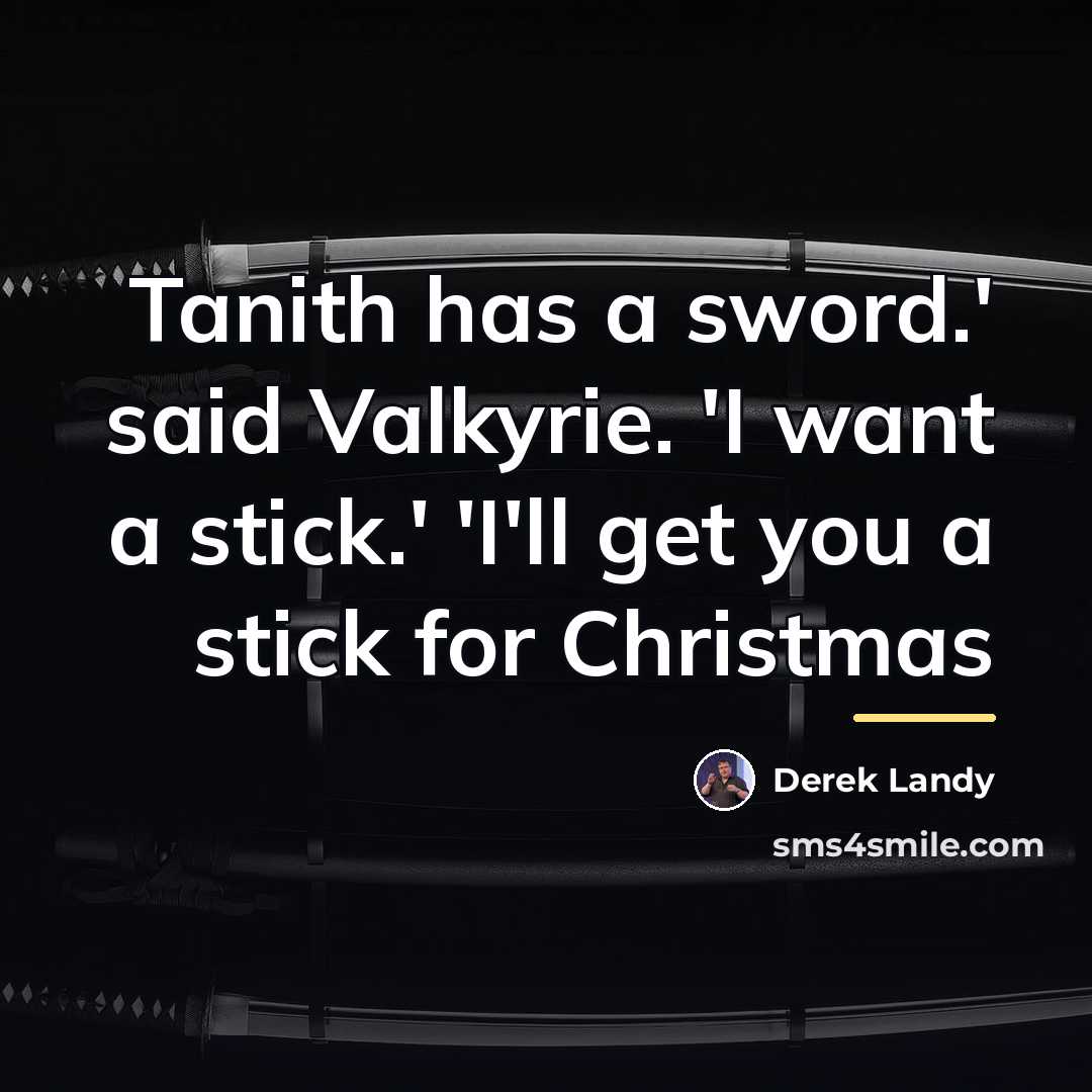 “Tanith has a sword.' said Valkyrie. 'I want a stick.'…” quote by Derek Landy