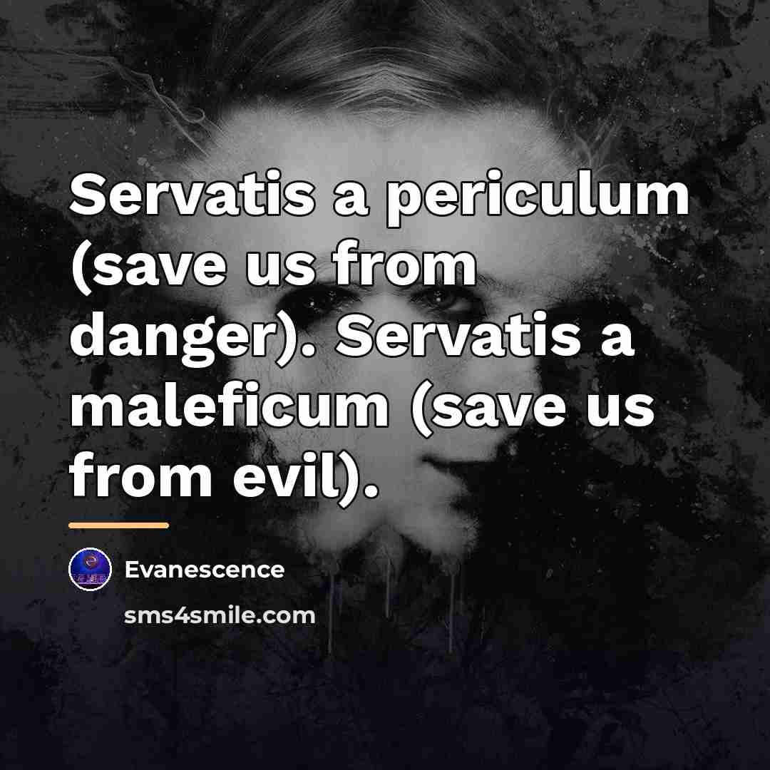 “Servatis a periculum (save us from danger). Servatis a maleficum…” quote by Evanescence