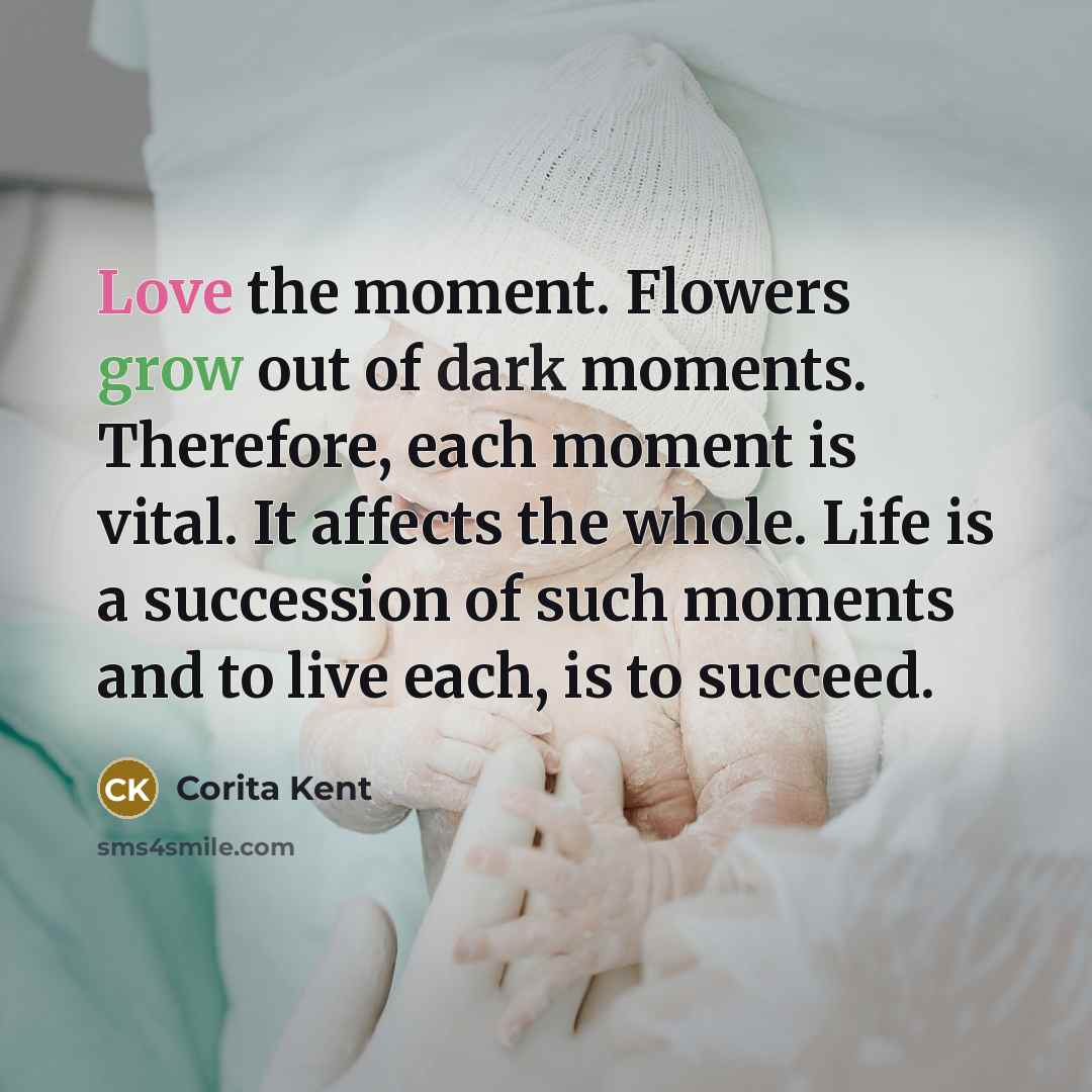 “Love the moment. Flowers grow out of dark moments. Therefore,…” quote by Corita Kent
