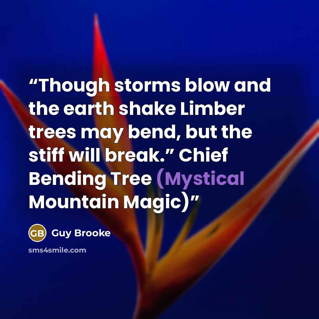 “Though storms blow and the earth shake Limber trees may bend, but the stiff will break.” Chief Bending Tree (Mystical Mountain Magic)” quote by Guy Brooke