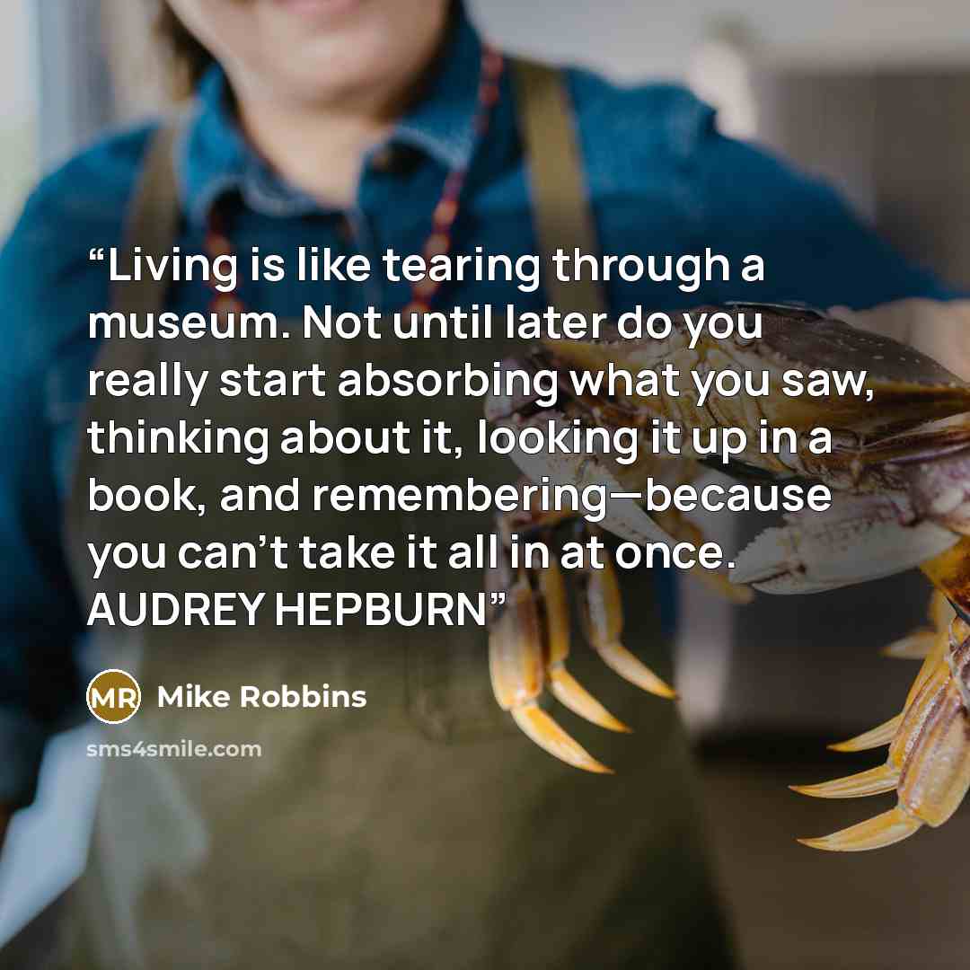 “Living is like tearing through a museum. Not until later do you really start absorbing what you saw, thinking about it, looking it up in a book, and remembering—because you can’t take it all in at once. AUDREY HEPBURN” quote by Mike Robbins