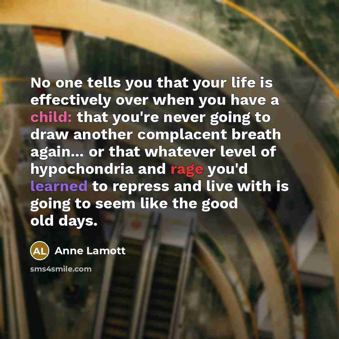 “No one tells you that your life is effectively over when you have a child: that you're never going to draw another complacent breath again... or that whatever level of hypochondria and rage you'd learned to repress and live with is going to seem like the good old days.” quote by Anne Lamott