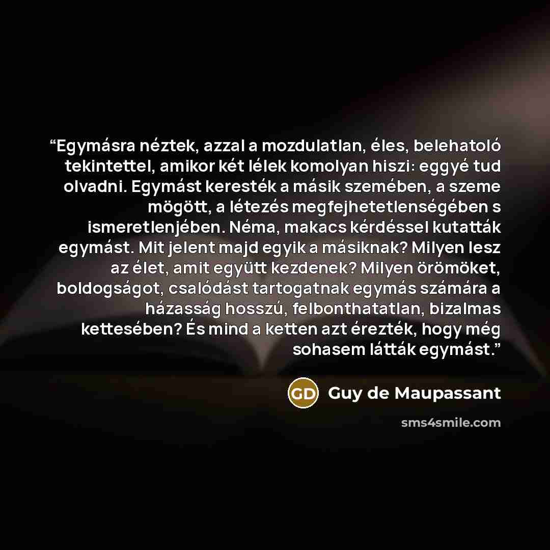 “Egymásra néztek, azzal a mozdulatlan, éles, belehatoló tekintettel, amikor két lélek komolyan hiszi: eggyé tud olvadni. Egymást keresték a másik szemében, a szeme mögött, a létezés megfejhetetlenségében s ismeretlenjében. Néma, makacs kérdéssel kutatták egymást. Mit jelent majd egyik a másiknak?…” quote by Guy de Maupassant