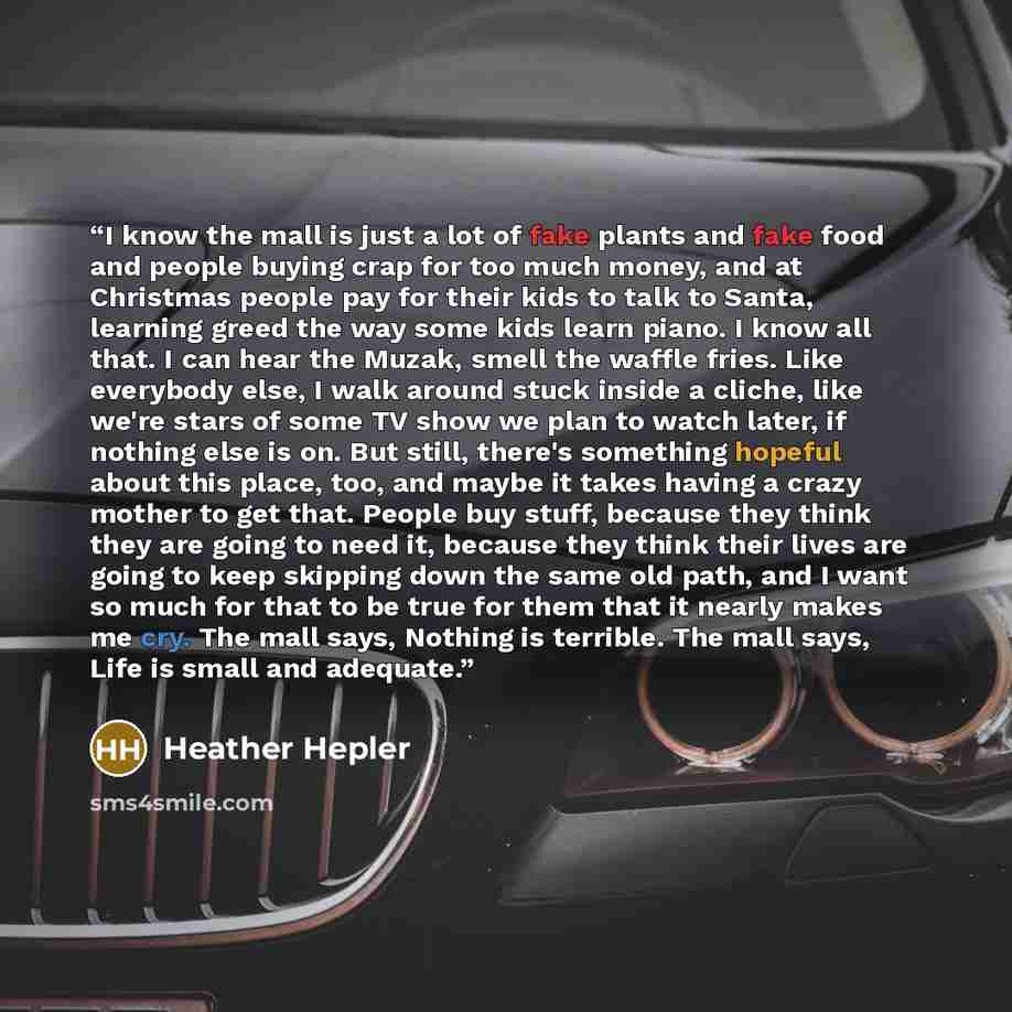 “I know the mall is just a lot of fake plants and fake food and people buying crap for too much money, and at Christmas people pay for their kids to talk to Santa, learning greed the way some kids learn piano. I know all that. I can hear the Muzak, smell the waffle fries. Like everybody else, I…” quote by Heather Hepler