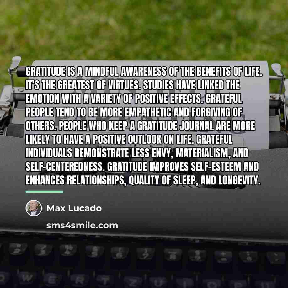 “Gratitude is a mindful awareness of the benefits of life.…” quote by Max Lucado