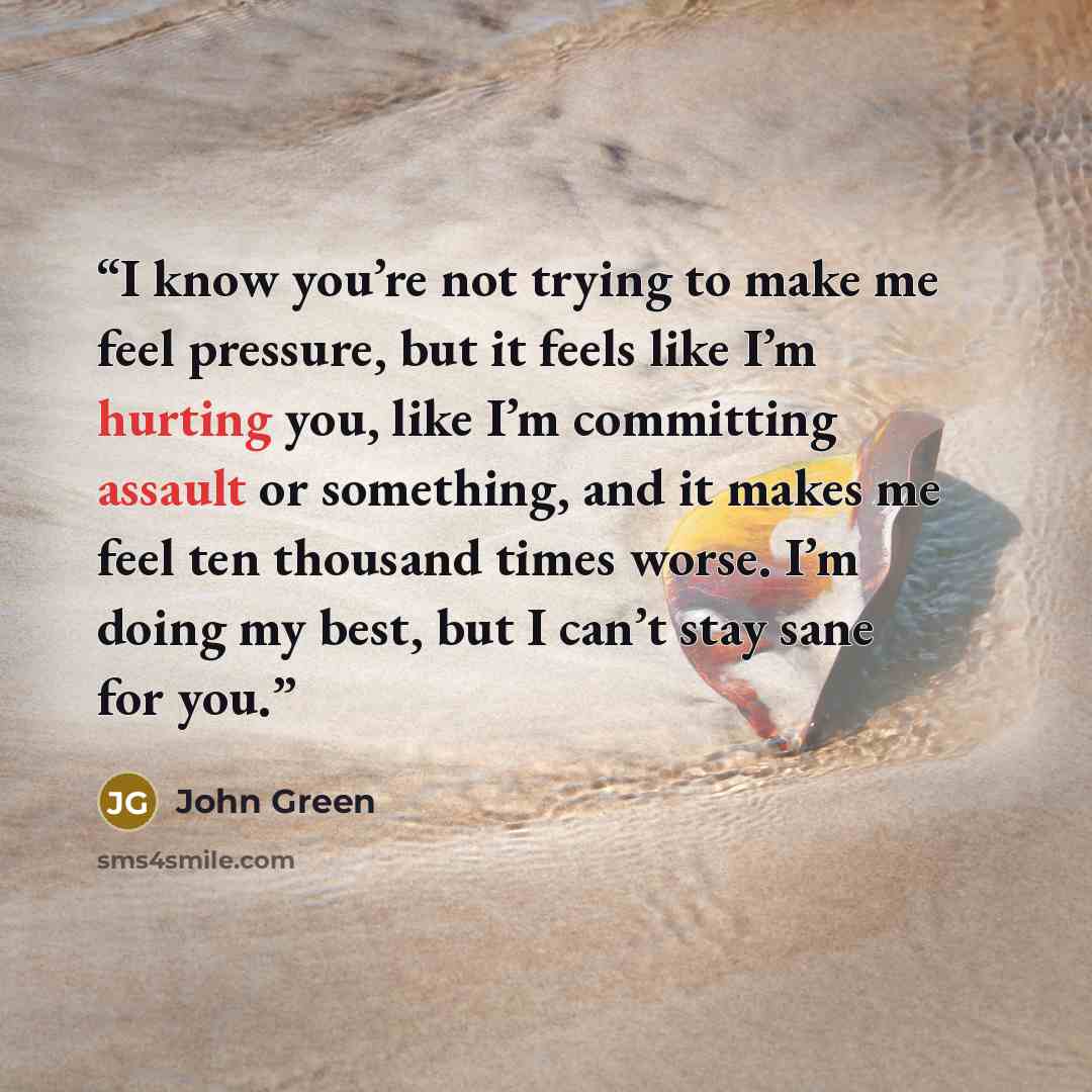 “I know you’re not trying to make me feel pressure, but it feels like I’m hurting you, like I’m committing assault or something, and it makes me feel ten thousand times worse. I’m doing my best, but I can’t stay sane for you.” quote by John Green