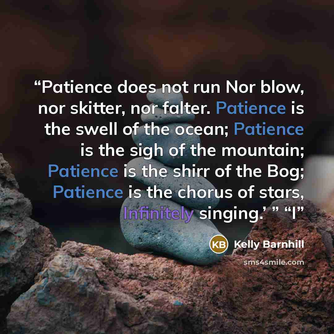 “Patience does not run Nor blow, nor skitter, nor falter. Patience is the swell of the ocean; Patience is the sigh of the mountain; Patience is the shirr of the Bog; Patience is the chorus of stars, Infinitely singing.’ ” “I” quote by Kelly Barnhill