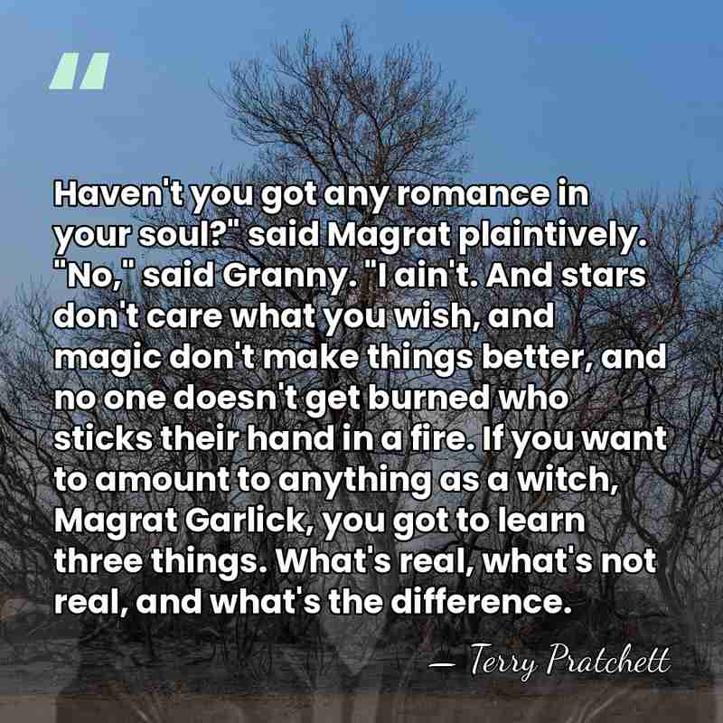 Haven't you got any romance in your soul?" said Magrat plaintively. "No,"&hellip; - Terry Pratchett