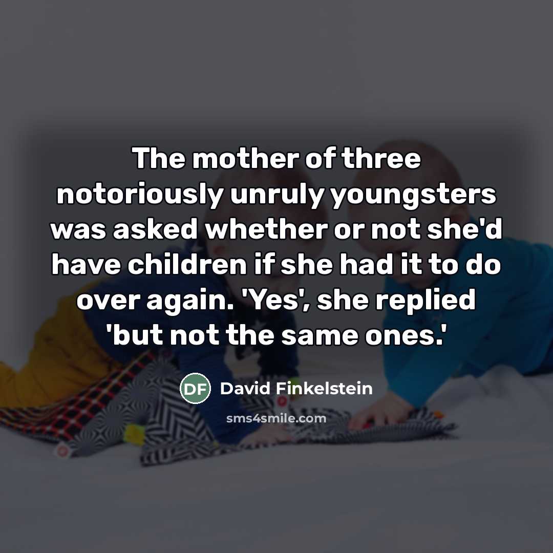 “The mother of three notoriously unruly youngsters was asked whether…” quote by David Finkelstein