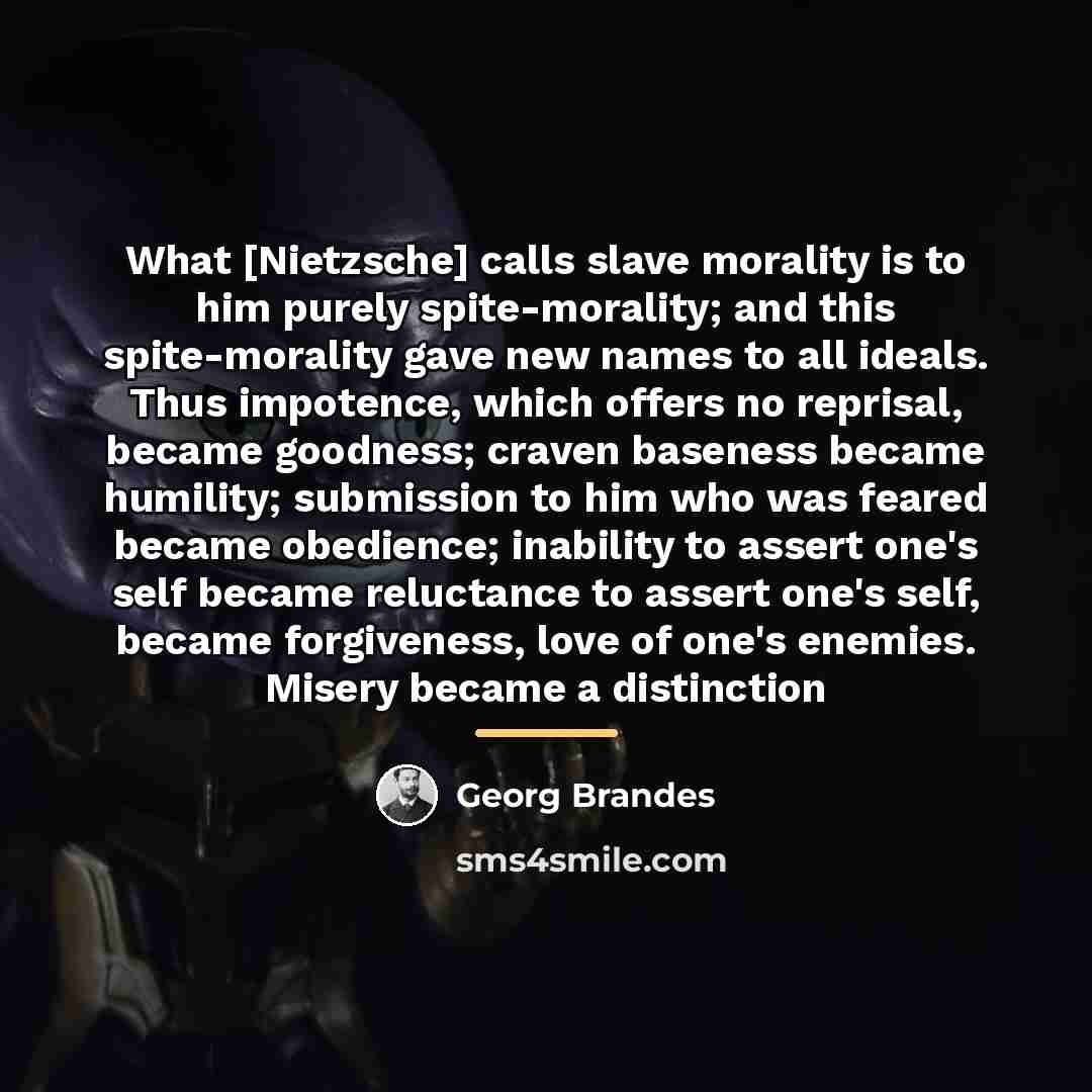 “What [Nietzsche] calls slave morality is to him purely spite-morality;…” quote by Georg Brandes